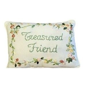 Handmade Ribbon Embroidery Throw Pillow Floral " TREASURED FRIEND"